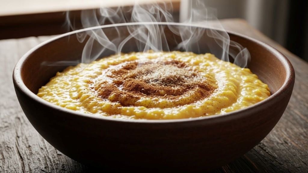 Steaming bowl of Jamaican cornmeal porridge topped with cinnamon and nutmeg in a ceramic bowl