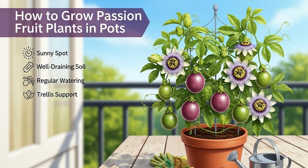 Passion fruit vine growing in a large container with trellis