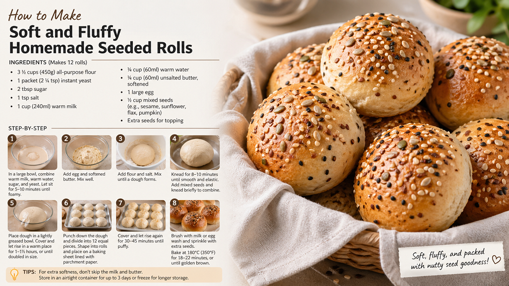 Soft homemade seeded rolls topped with sesame and sunflower seeds