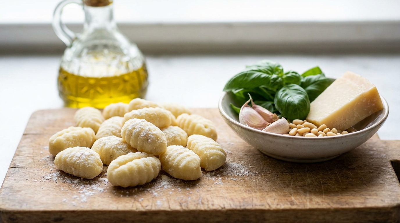 Creamy pesto gnocchi served with fresh basil