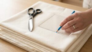 DIY reusable kitchen paper towels rolled on wooden holder