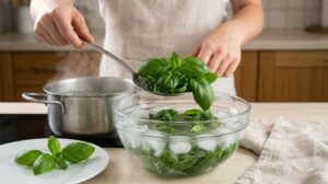 Fresh basil leaves prepared for freezing