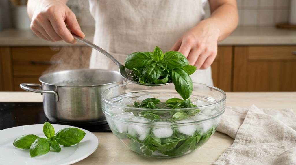 Fresh basil leaves prepared for freezing