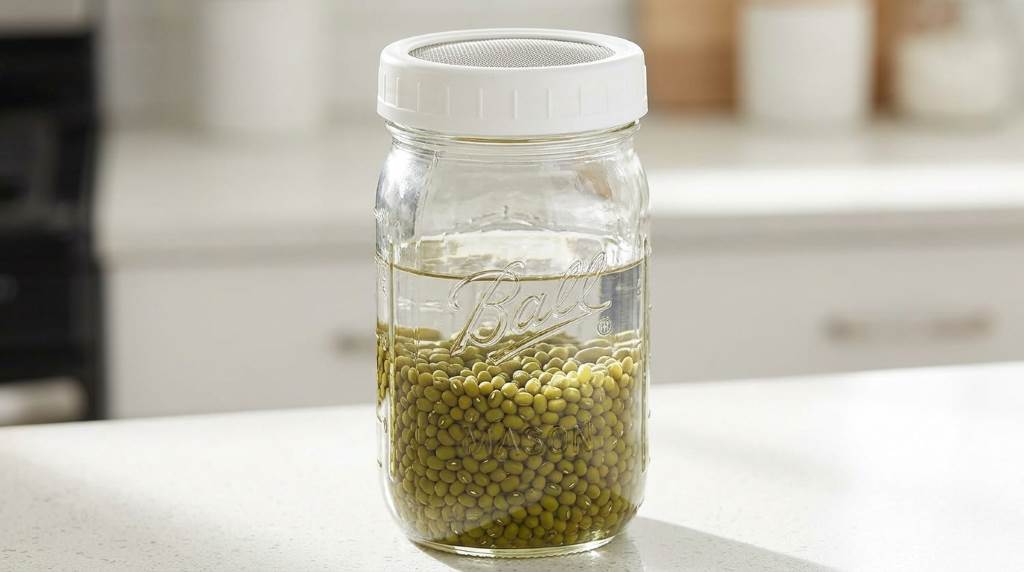 Fresh mung bean sprouts growing in a mason jar