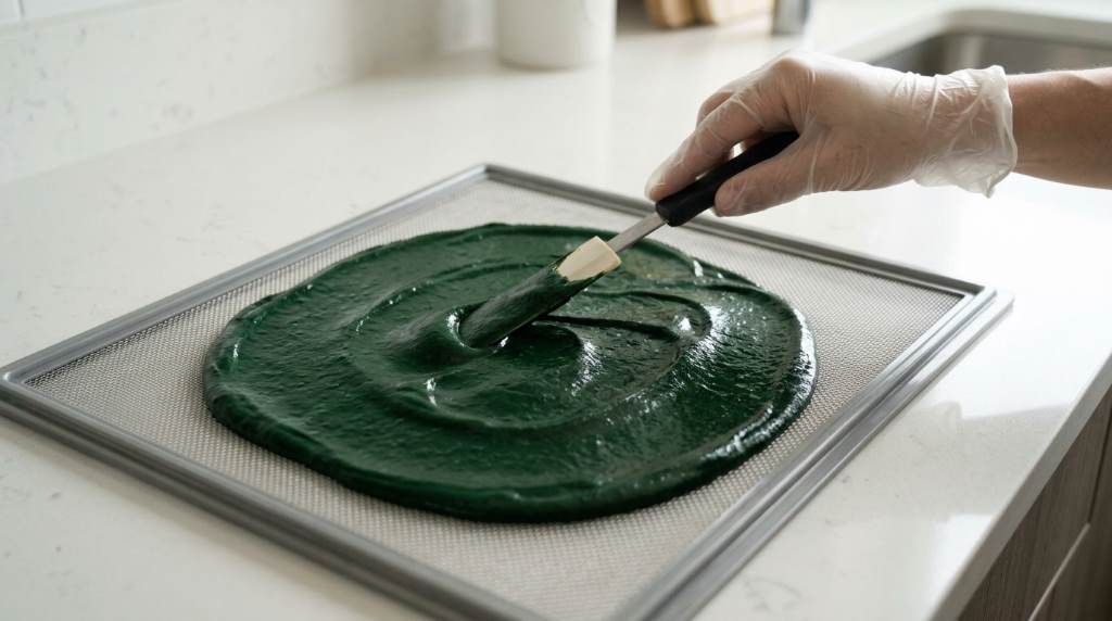 Fresh spirulina paste spread on dehydrator tray