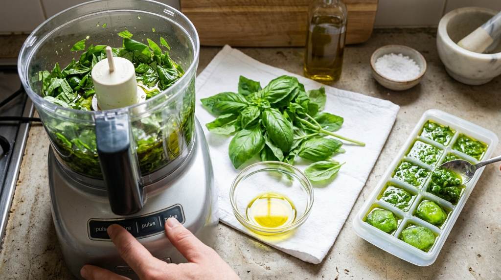Frozen basil cubes in olive oil tray