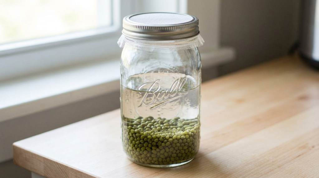 Healthy homemade mung bean sprouts in glass jar