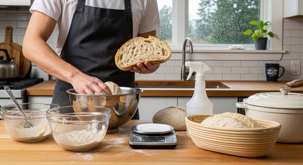 Homemade bread with airy crumb texture baked in Portland OR