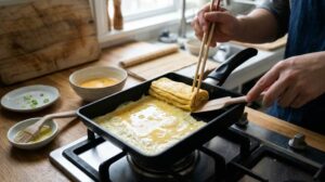 Japanese rolled omelet tamagoyaki sliced on a plate