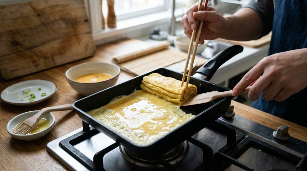 Japanese rolled omelet tamagoyaki sliced on a plate