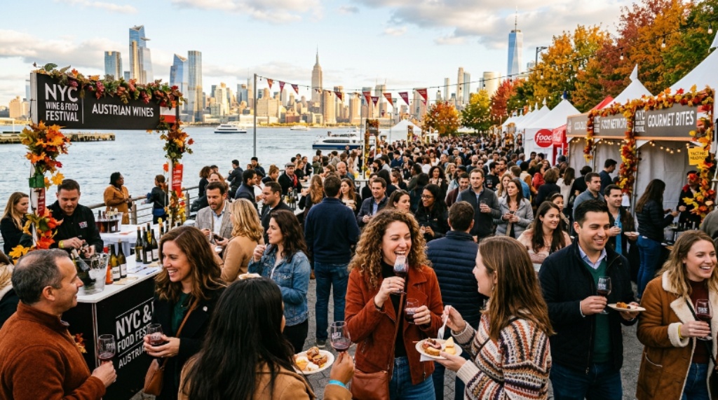 Crowds enjoying wine tastings and gourmet food at the NYC Wine & Food Festival along Hudson River Park in fall