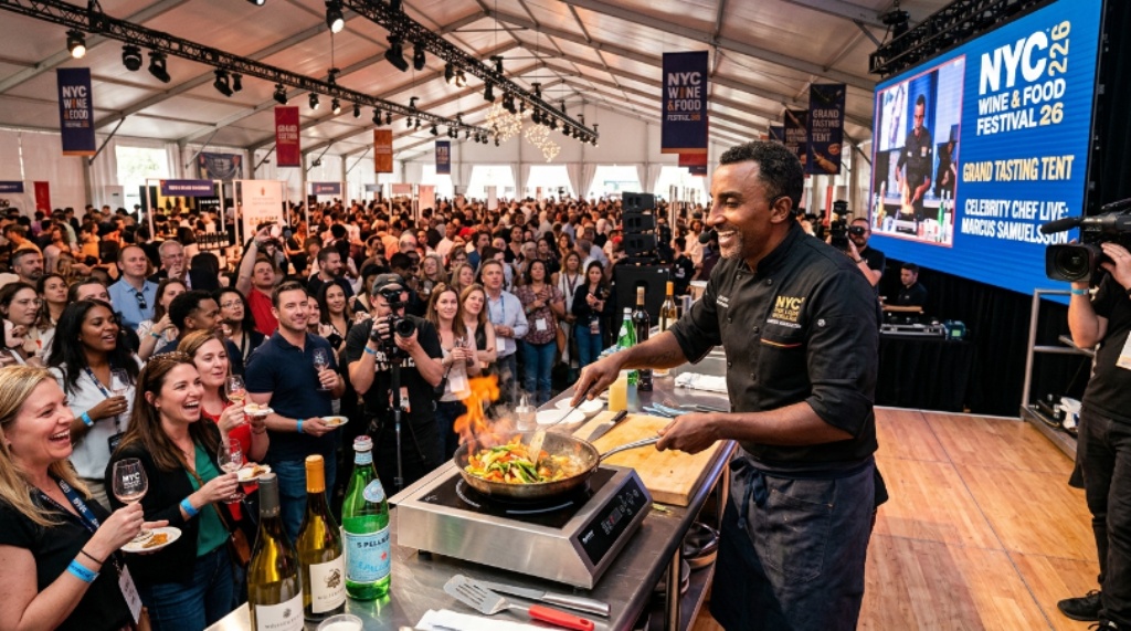 Celebrity chef cooking live at a Grand Tasting Tent during the NYC Wine & Food Festival 2026