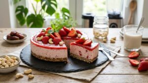 No bake raw vegan strawberry cheesecake with soaked cashews on white plate