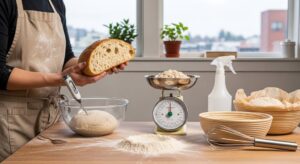 Portland baker shaping homemade bread dough on wooden counter