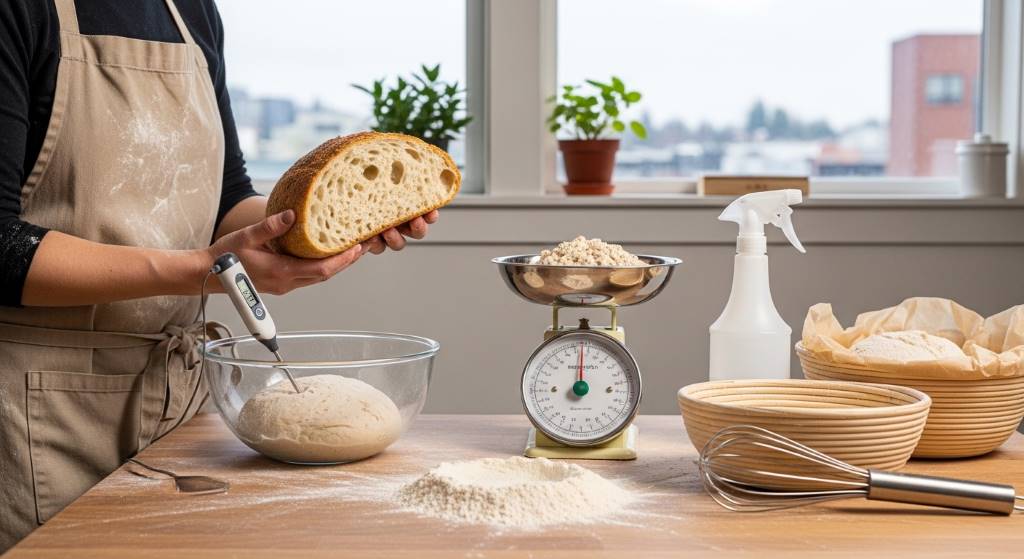 Portland baker shaping homemade bread dough on wooden counter