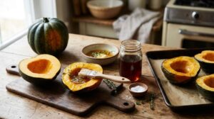 Roasted acorn squash with maple syrup on baking tray