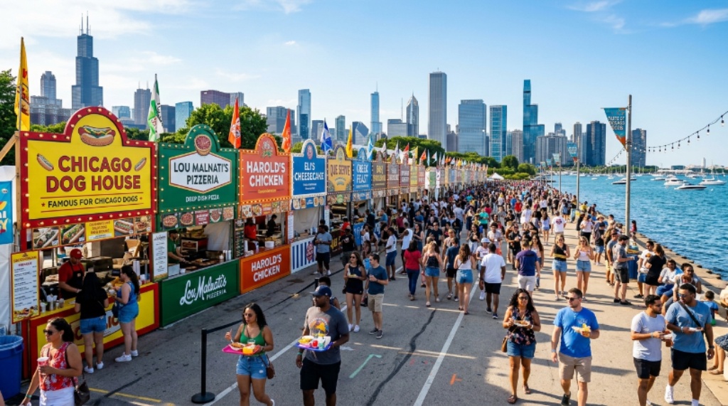 Colorful food vendor stalls lined up at the Taste of Chicago 2026 outdoor festival along Lake Michigan