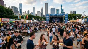 Crowds enjoying food and live music at the Taste of Chicago festival in Grant Park with the Chicago skyline in the background