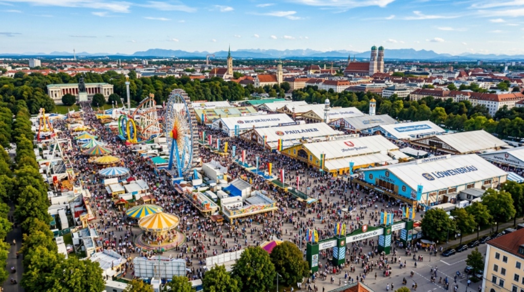 Aerial view of the Theresienwiese festival grounds during Oktoberfest Munich with colorful tents and rides