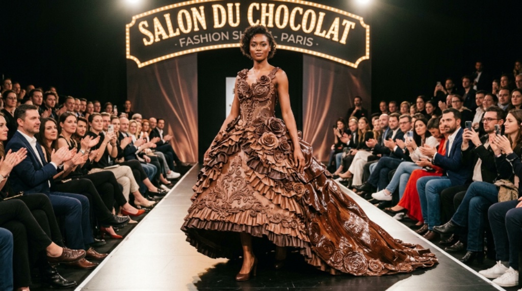Model wearing an edible chocolate gown on the runway at the Salon du Chocolat Fashion Show in Paris