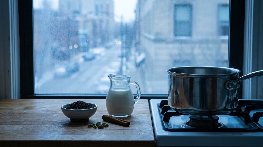 Fresh homemade milk tea in a ceramic mug on a winter morning