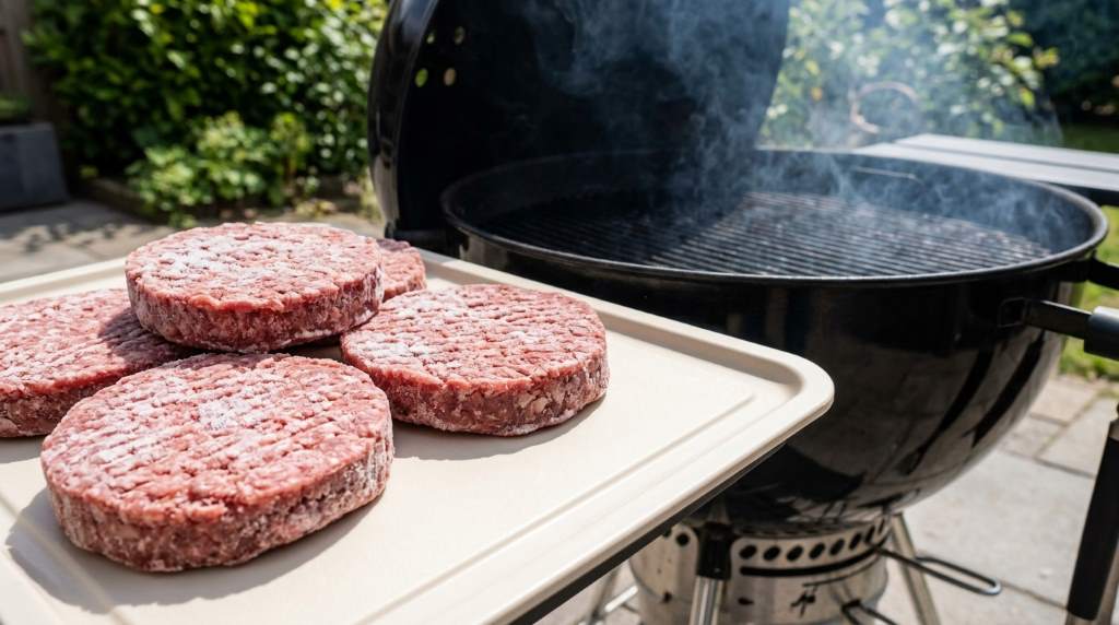 Juicy frozen burgers grilling over medium heat