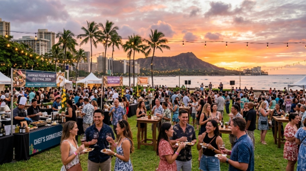 Guests enjoying an outdoor grand tasting at sunset during the Hawaii Food and Wine Festival 2026 at Kapiolani Community College Great Lawn in Honolulu, Oahu