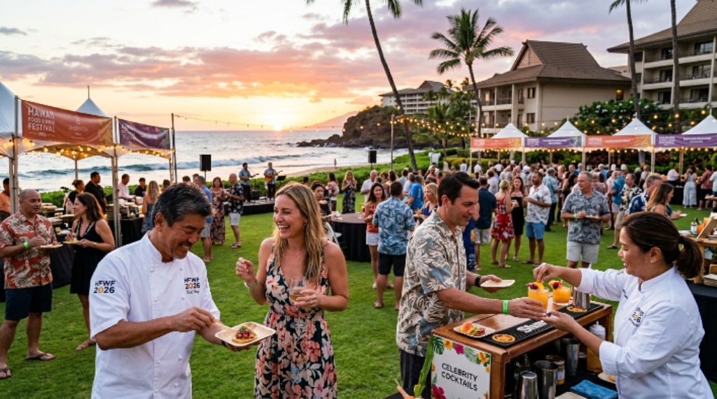 Celebrity chefs serving walk-around bites and cocktails to guests on the oceanfront lawn of the Sheraton Maui Resort during the Hawaii Food and Wine Festival 2026