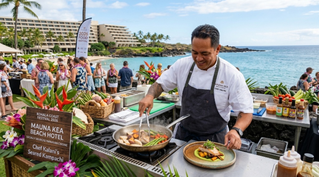 Chef preparing a locally sourced Hawaiian dish at a gourmet food station on the Kohala Coast of Hawaii Island during the 2026 festival at Mauna Kea Beach Hotel