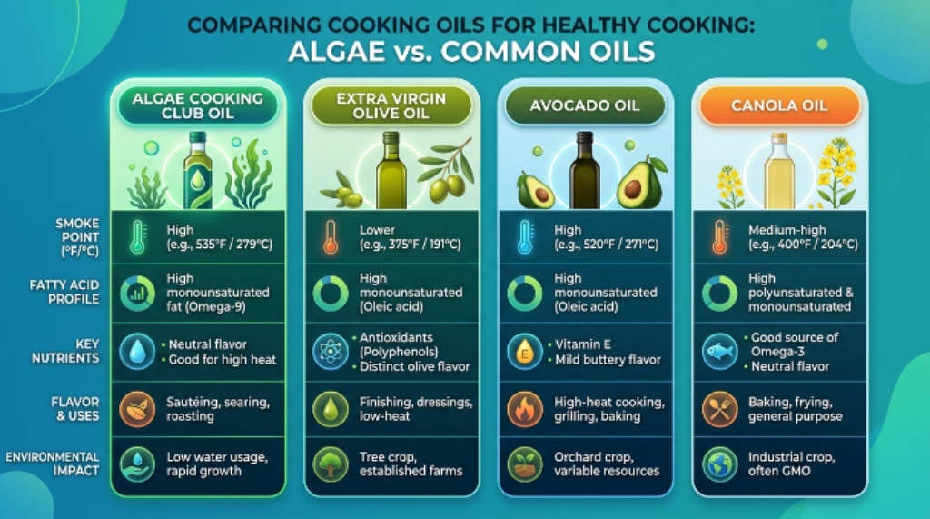Comparison of Algae Cooking Club Oil with olive, avocado, and canola oils for healthy cooking