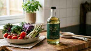 Bottle of Algae Cooking Club Oil placed on a kitchen counter beside fresh vegetables