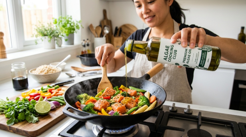 Healthy meal prepared with Algae Cooking Club Oil and fresh ingredients