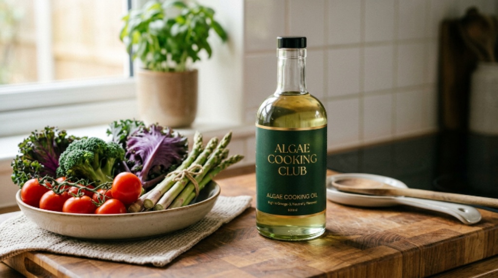 Bottle of Algae Cooking Club Oil placed on a kitchen counter beside fresh vegetables