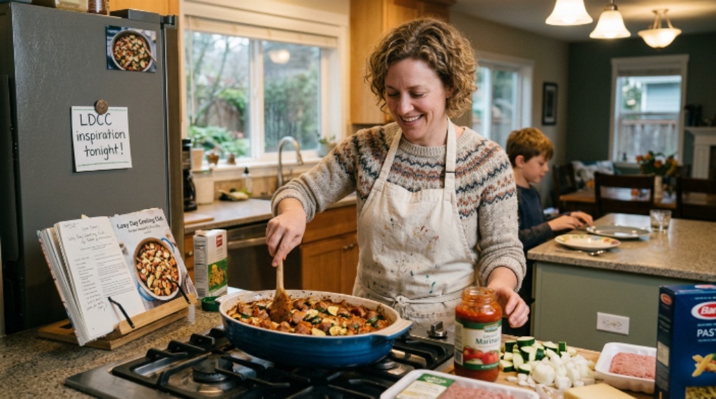 Home cook making a simple family dinner inspired by Lazy Day Cooking Club recipes