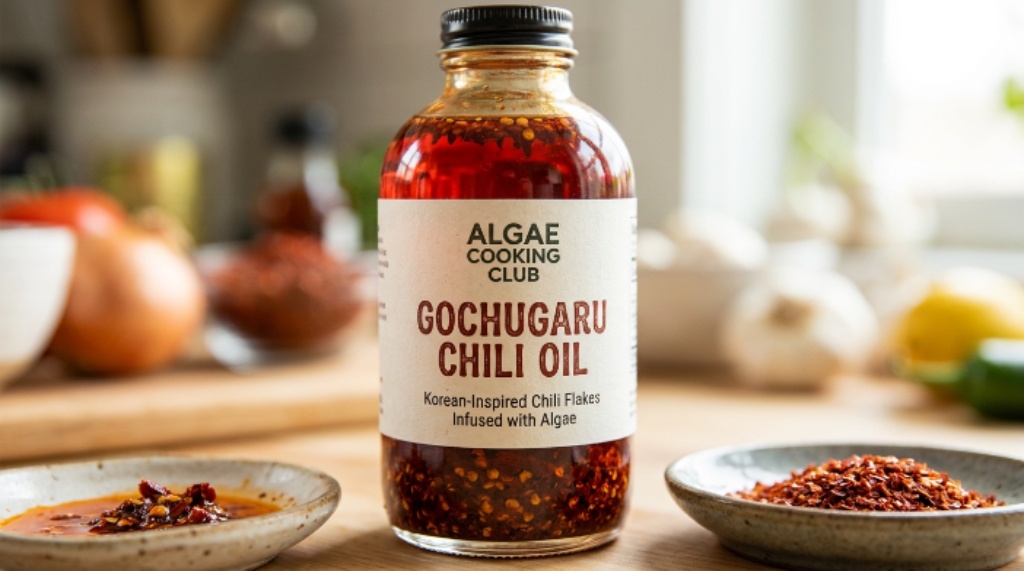 Close-up of Algae Cooking Club Gochugaru Chili Oil with Korean-inspired chili flakes.