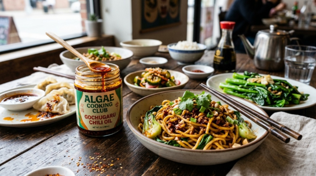 Algae Cooking Club Gochugaru Chili Oil served alongside noodles and Asian-inspired dishes.