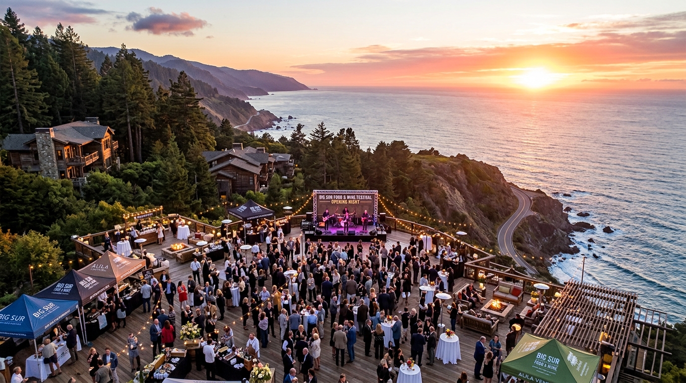 Aerial view of Alila Ventana Big Sur resort terrace overlooking the Pacific Ocean at sunset during Opening Night of the food and wine festival