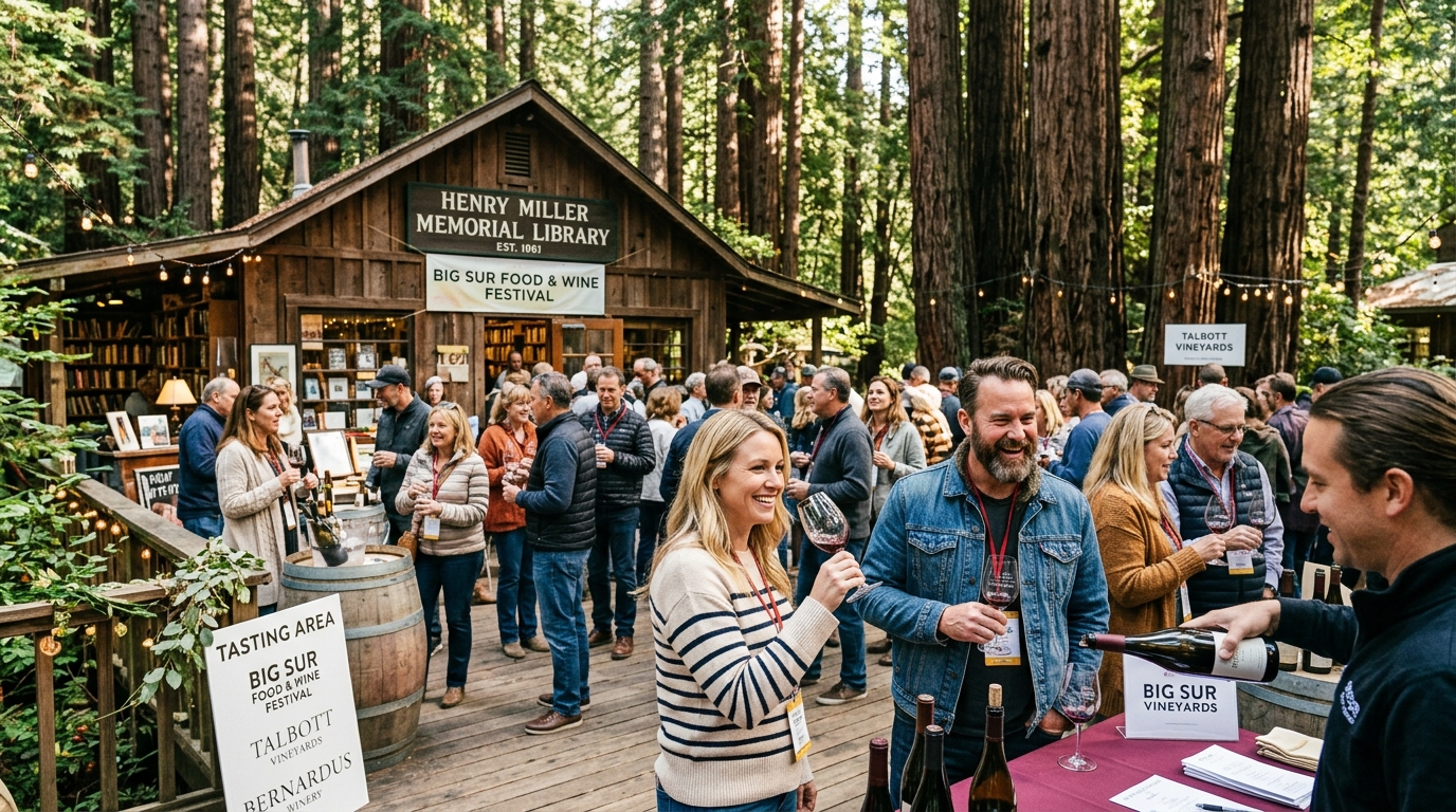Guests enjoying wine tastings at the Henry Miller Memorial Library during the Big Sur Food and Wine Festival with redwood trees in the background