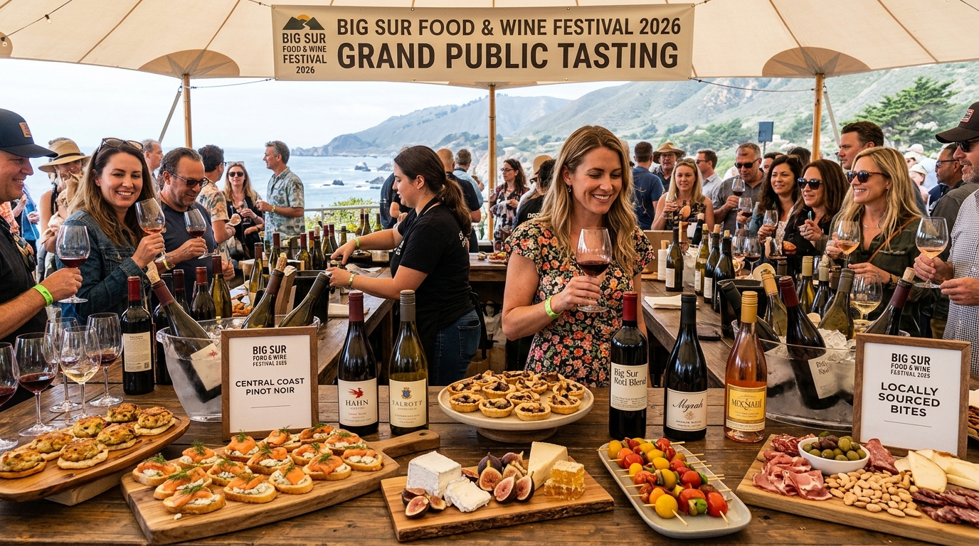 A spread of California Central Coast wines and locally sourced appetizers at the Grand Public Tasting event of the Big Sur Food and Wine Festival 2026
