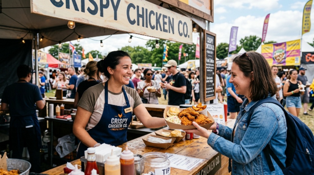 Fried chicken plate served by a vendor booth at an outdoor festival