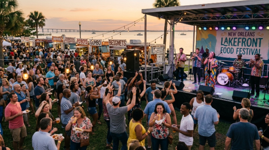 Crowd enjoying live music at the New Orleans Lakefront food festival