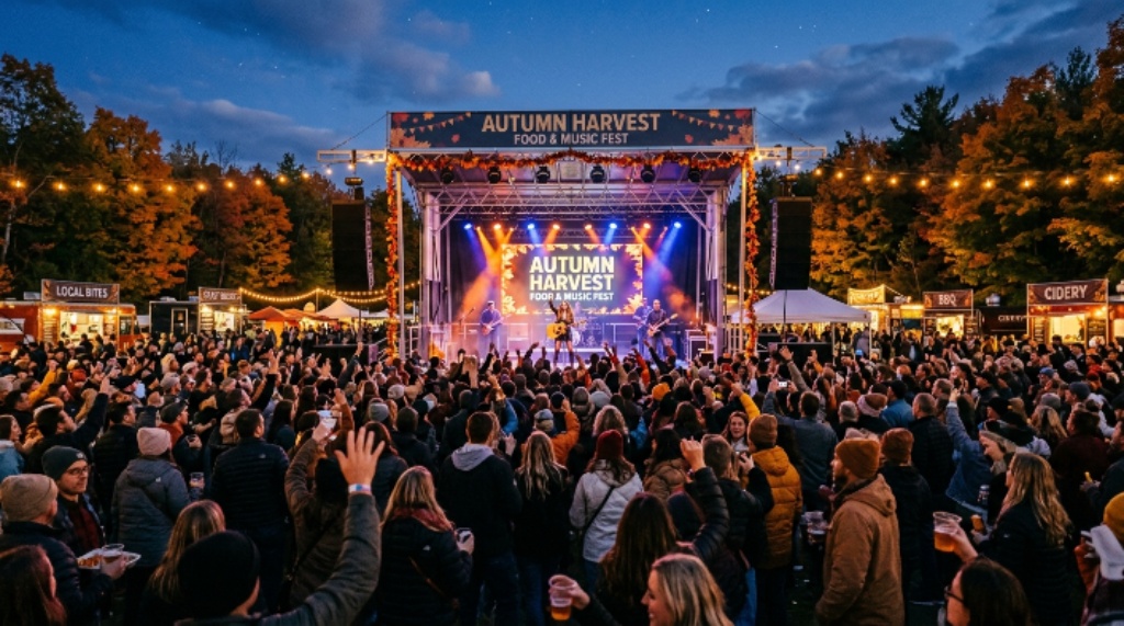 Festival stage setup with crowd during a fall food and music event