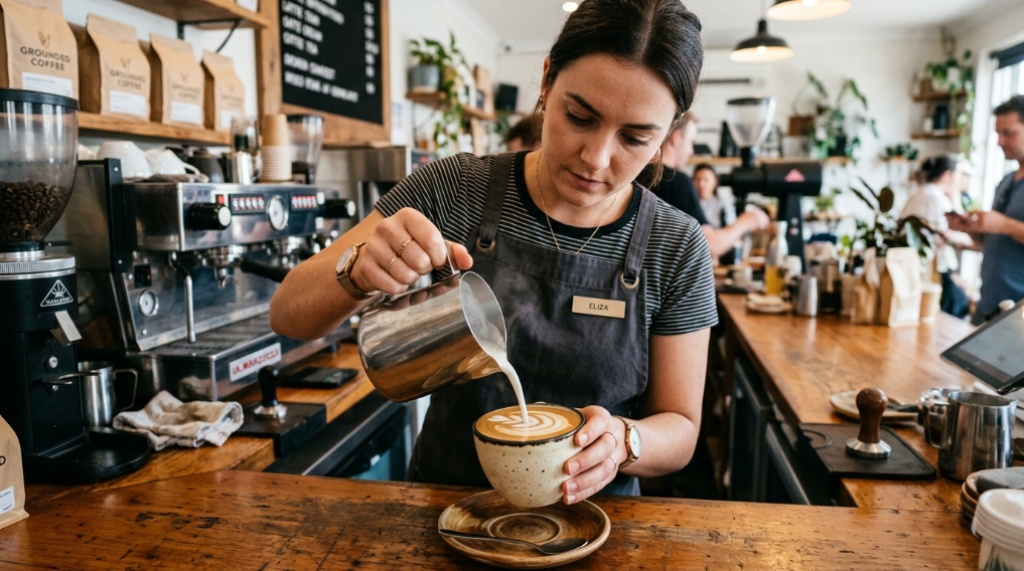 Barista pouring steaming oat milk into a ceramic cup to form latte art.