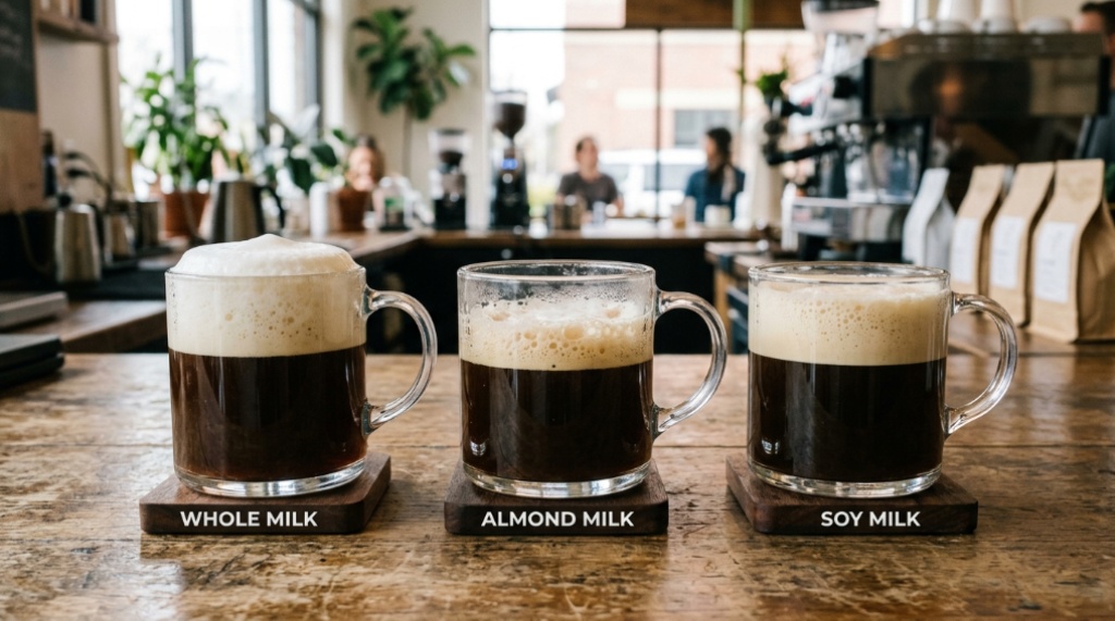 Side-by-side glass mugs showing texture differences in dairy and plant milk foam.