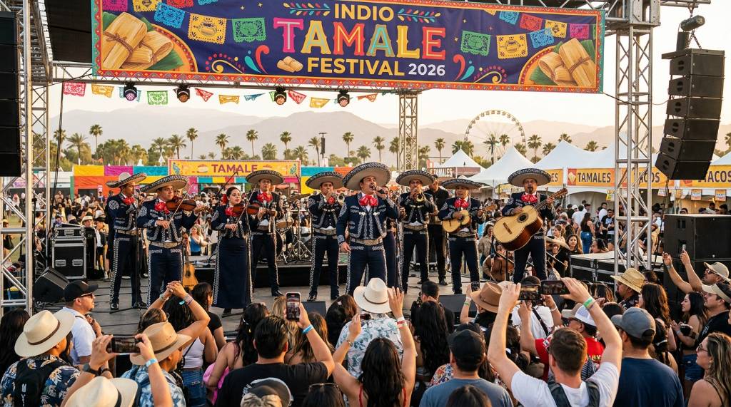 Live mariachi band performing on an outdoor stage at the Indio Tamale Festival 2026