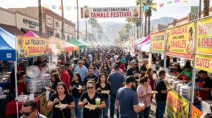 Colorful tamale vendors and crowds at the Indio International Tamale Festival in Old Town Indio, California