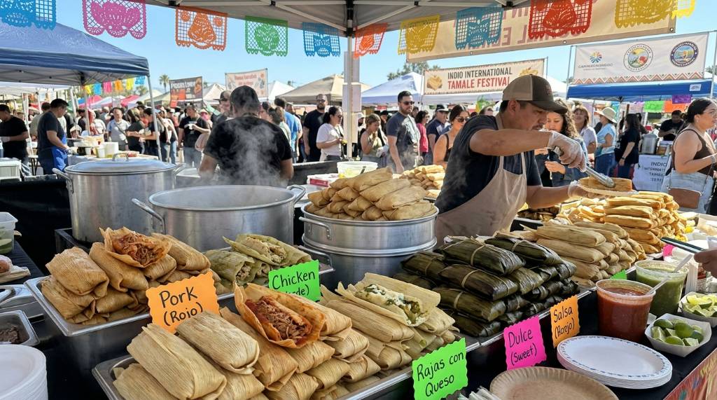 A variety of freshly made tamales displayed at a vendor booth during the Indio International Tamale Festival