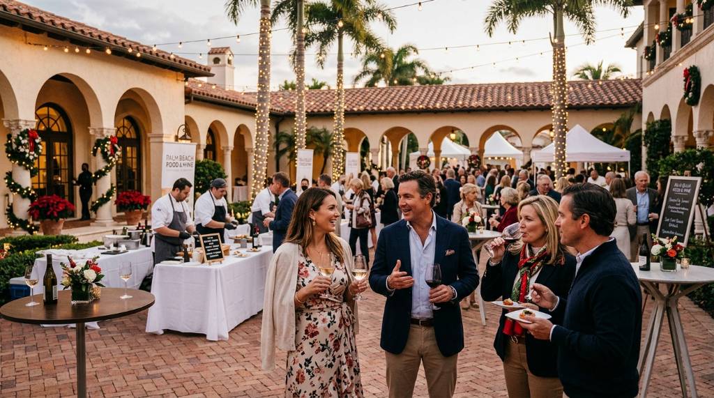 Guests sipping wine at a December food and wine event in Palm Beach County